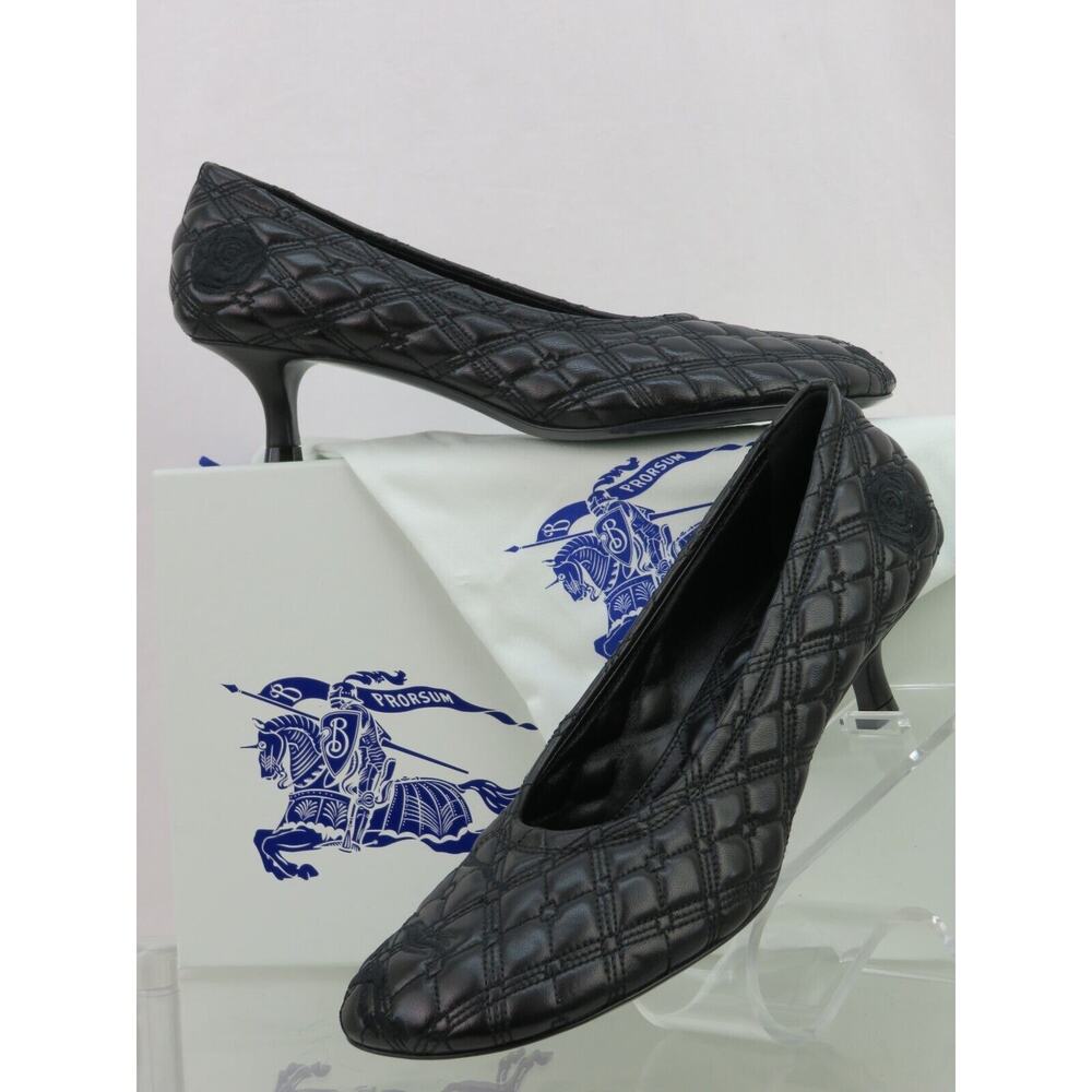 NIB BURBERRY BABY BLACK 45 QUILTED LEATHER LOGO KITTEN HEEL PUMPS EU 39 US 9 $1K